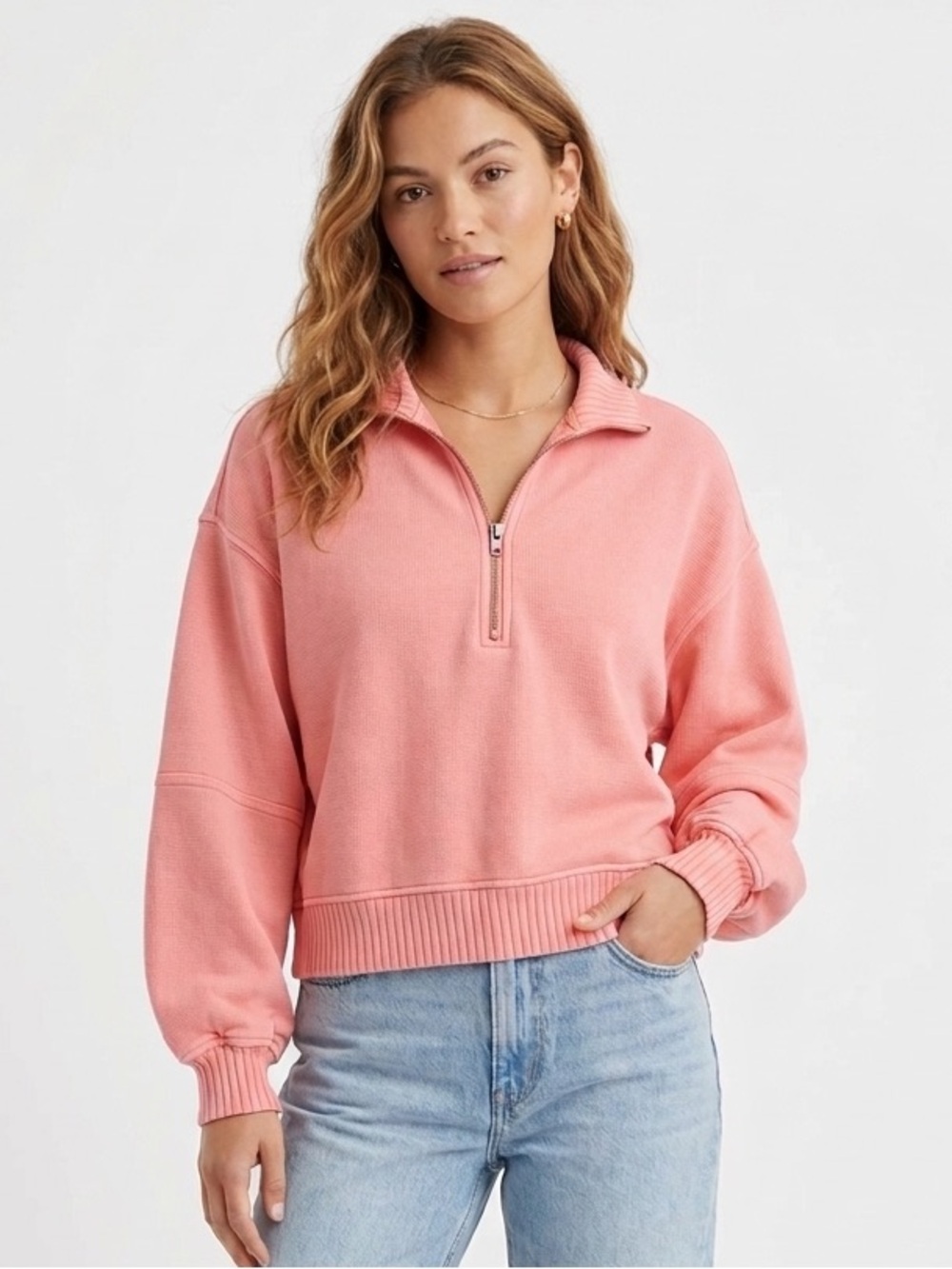 Aerie Suns Out Pink Coral Quarter-Zip Pullover Sweatshirt Small